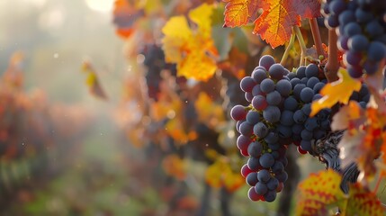 a misty autumn morning in a vineyard, the vines laden with grapes framed by a tapestry of fog and...