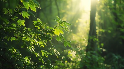 Fototapeta premium lush green forest in late spring, sunlight filtering through new leaves, a fresh and peaceful natural setting
