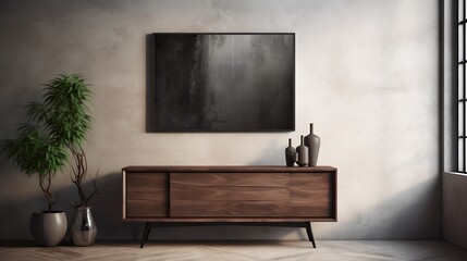 The artistry of urban living, embodied by a sleek wooden dresser against a weathered concrete backdrop, with an empty blank mock-up poster frame inviting creativity in the modern rustic living room.