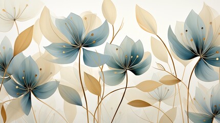 Elegant Modern Blue Flowers Illustration with Pastel Tones and Gold Accents.