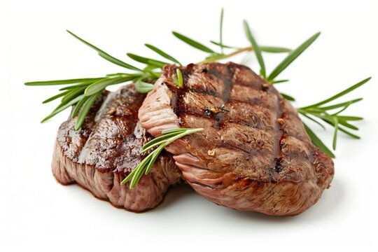 grilled beef fillet steak meat with rosemary isolated, beef steak, meat steak isolated