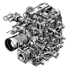 Old video camera with a complex mechanism. Sketch board imitation. Raster, generative ai.
