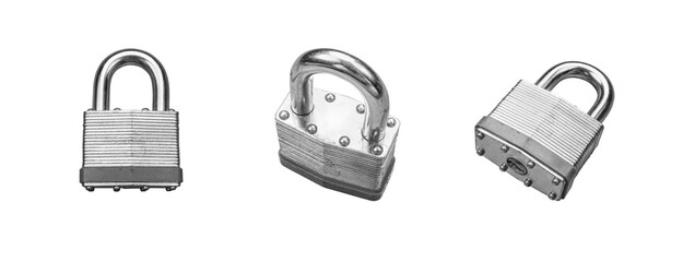 Robust Padlock Set of Different Angles Isolated. Transparent PNG.