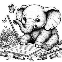 The baby elephant writes a letter. Raster, generative ai. Coloring book adults and children