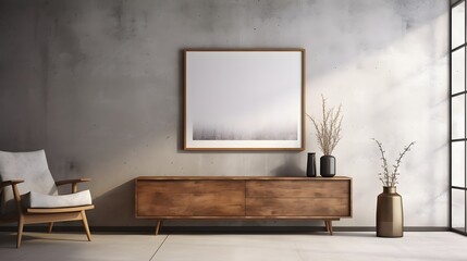 Tranquility reigns in the minimalist  of a wooden cabinet against a concrete wall, with an empty blank mock-up poster frame serving as a focal point in the modern rustic living space.