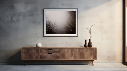 A glimpse of urban sophistication, with a sleek wooden cabinet against a rough concrete wall, featuring an empty blank mock-up poster frame, offering a blank canvas for personal expression in the mode