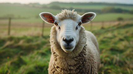 Obraz premium A delightful image featuring a curious sheep gazing directly at the camera with gentle, soulful eyes, set against the backdrop of a lush green pasture.