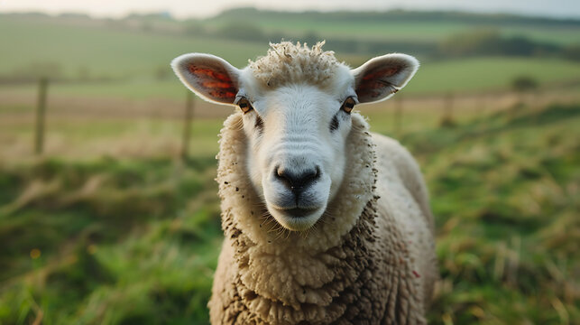 A delightful image featuring a curious sheep gazing directly at the camera with gentle, soulful eyes, set against the backdrop of a lush green pasture.