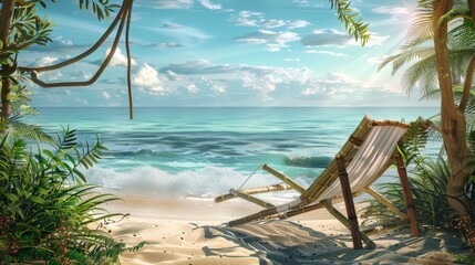 3D rendering, beach chairs on sandy beach with blue sky and sea background