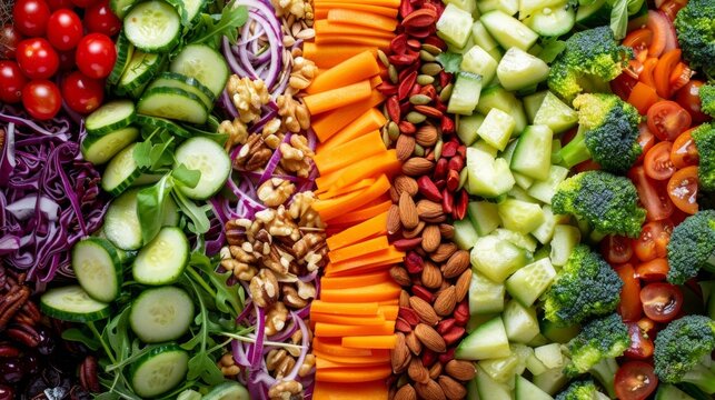 An overhead shot of a homemade salad filled with a variety of colorful vegetables fruits nuts and seeds all of which provide essential nutrients and prebiotic fibers .