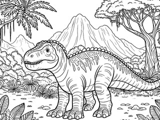 Coloring pages cute tyrannosaurus Dinosaur of meadows, trees and clouds. Raster, generative ai.