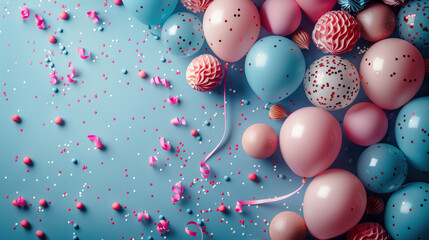 Pink and blue balloons on a background with confetti. Balloons and confetti on a blue background for a party.
