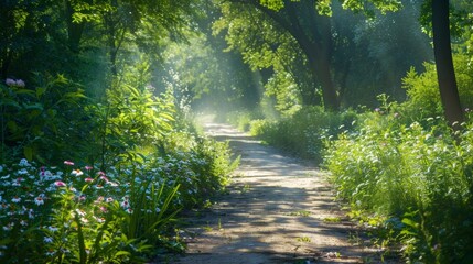 The road in summer surrounded by lush green foliage and wildflowers in full bloom. Sunlight streams through the leaves casting dappled . AI generation. - obrazy, fototapety, plakaty