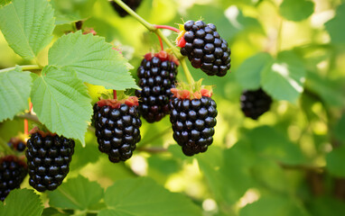 blackberry branch, wild strawberry, blackberry bush, green leaves, - obrazy, fototapety, plakaty