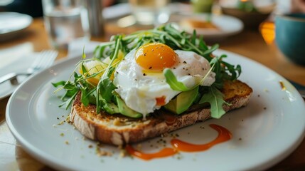 Avocado toast with poached egg and fresh greens on white plate at charming street cafe