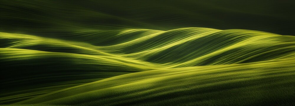 A green landscape showing the texture and pattern of grassy hills, an impressive view, a background with green smooth wavy shapes