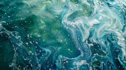 Swirling ribbons of iridescent bluegreen algae blooms float beneath the surface their glistening shimmer reminiscent of a watercolor