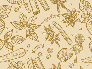 Set of spices, seamless pattern. Faded vintage color. Sketch board imitation. Raster, generative ai.