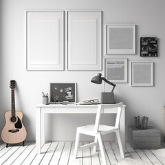 Light room interior with working place, guitar and variety of mock up posters on wall with empty copy space for text or picture. White furniture, lamp in scandinavian style