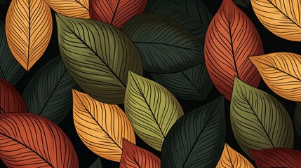 Colorful Abstract Leaves Pattern on a Black Background for Wallpaper.