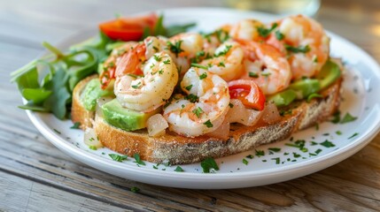 Scrumptious avocado and shrimp toast on elegant white plate at delightful street cafe setting