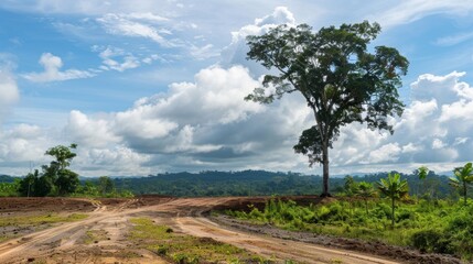 Fototapeta premium A towering tree is being down to make way for more land for oil extraction showcasing the longterm consequences of unsustainable fuel sources on deforestation and habitat loss. .