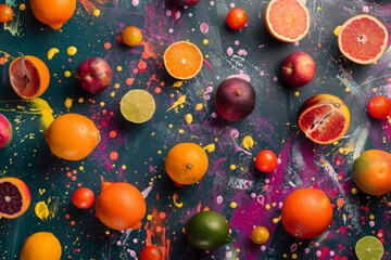Fototapeta na wymiar Fresh Citrus Fruit Assortment and Dynamic Paint Splatter