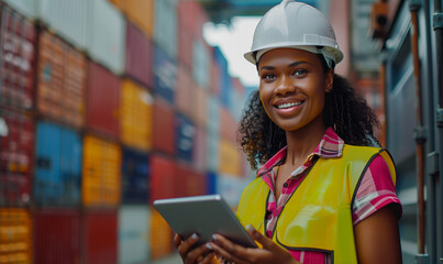 Smiling Portrait of a Beautiful African American Female Industrial Engineer in White Hard Hat, High-Visibility Vest Working on Tablet Computer. Inspector or Safety Supervisor in Container Terminal