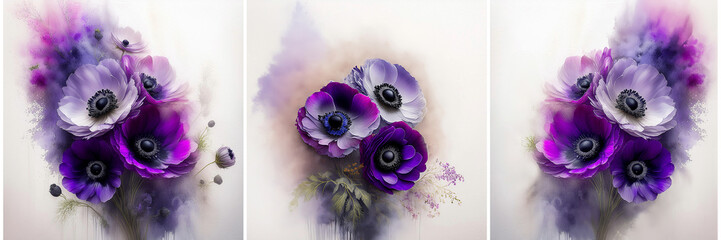 Tryptyk fioletowe kwiaty zawilce. Tło kwiatowe wiosenne. Obraz na ściane, dekoracja. Tapeta kwiatowa. Motyw kwiatowy