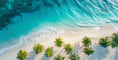 Fototapeta na wymiar Beautiful aerial view of a white sandy beach with palm trees and blue water in the Caribbean Generative AI