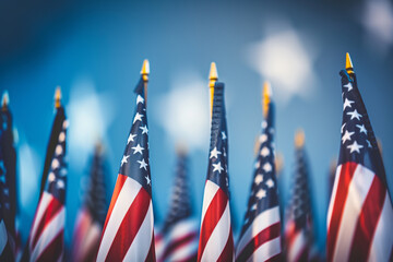 patriotic image featuring rows of American flags against a deep blue background, commemorating Veterans Day, Labor Day, and Independence Day in a solemn yet celebratory tone. - obrazy, fototapety, plakaty