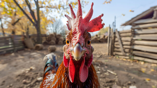 A charming image featuring a curious chicken gazing directly at the camera with bright, alert eyes, set against the backdrop of a rustic farmyard.