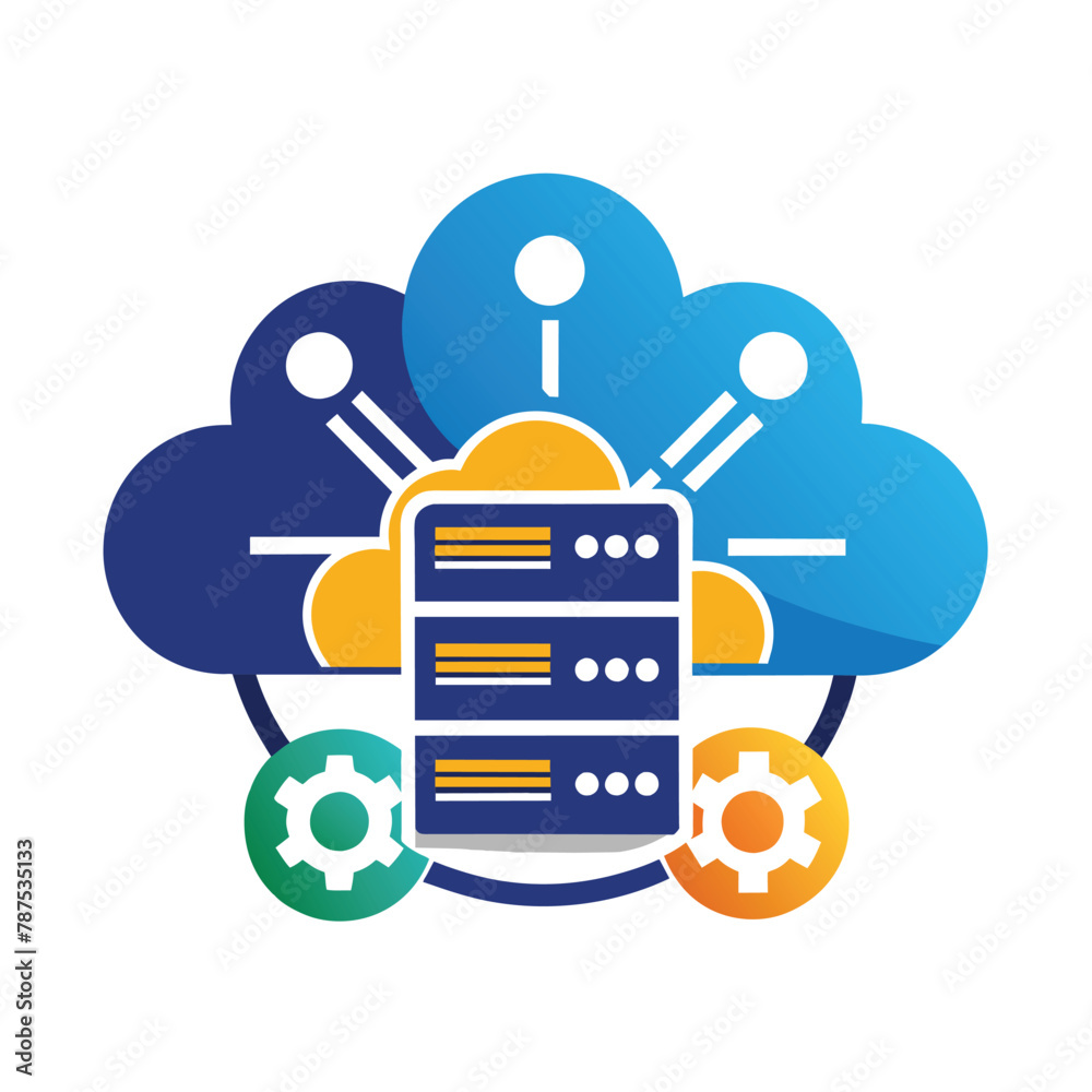 Poster a server positioned on top of a cloud in a symbolic representation of cloud hosting services, abstra