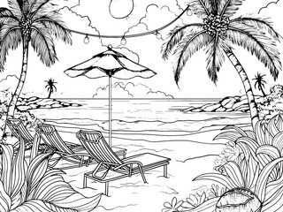Cartoon Sandy beach on exotic island, summer vacation. Children coloring book. Generative ai.