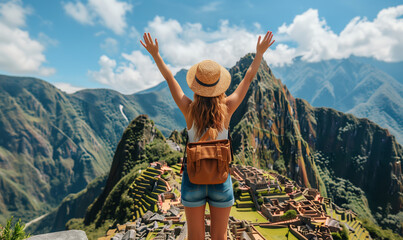 Back view of woman with backpack pulling her arms up against the background of the ancient city of Machu Picchu, summer vacation - obrazy, fototapety, plakaty