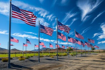 field of American flags against a deep blue sky, symbolizing the unity and resilience of the nation on Veterans Day, Labor Day, and Independence Day. - obrazy, fototapety, plakaty