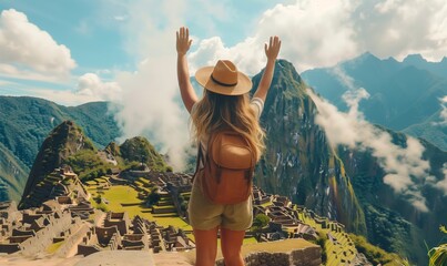 Back view of woman with backpack pulling her arms up against the background of the ancient city of Machu Picchu, summer vacation - obrazy, fototapety, plakaty