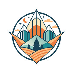 A mountain landscape featuring trees in the foreground and mountains in the background, A chic and simple logo featuring geometric shapes representing travel destinations