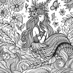 Floral pattern girl, Mavka coloring page adults and children. Printable black and white. Raster, generative ai.