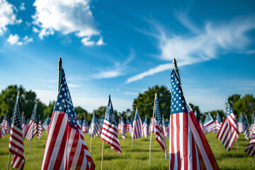 field of American flags against a deep blue backdrop, evoking a sense of pride and gratitude on Veterans Day, Labor Day, and Independence Day.