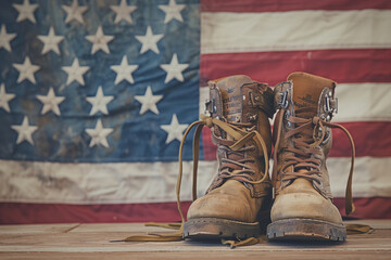 respectful image of pair of military boots placed in front of a USA flag against a white backdrop, honoring the memory of fallen soldiers on Memorial Day.