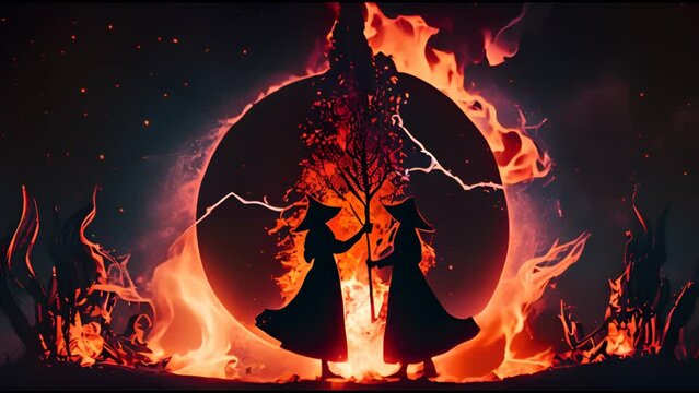 Mystical witch sabbath ritual fire gathering in forest at night with moon eclipse. Scary spiritual and surreal background.