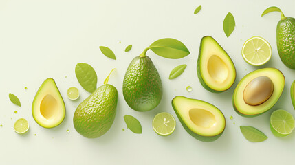 Fresh avocados and limes are arranged on a light background. Top view.