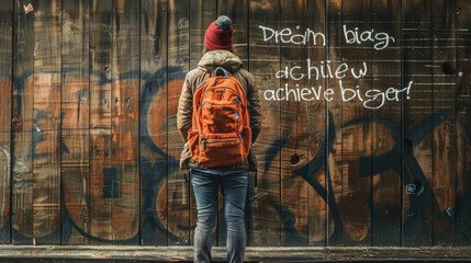 A person with a backpack stands in front of a vibrant graffiti-covered wall
