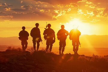 powerful image of soldiers' silhouettes against the warm glow of the setting sun, serving as a poignant reminder of the sacrifices made for freedom on Veterans Day, Memorial Day, a
