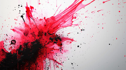 Abstract explosion of red, pink, black paint on a white background.