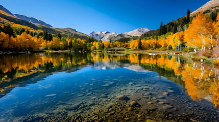A crystal-clear mountain lake reflecting the surrounding autumn-colored forest, captured with a polarizing filter to enhance reflections and color saturation