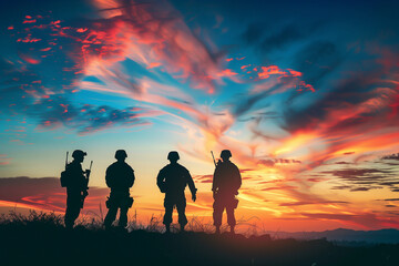 solemn silhouette of soldiers standing in unity against the backdrop of a serene sunset, conveying reverence and honor for a greeting card dedicated to Veterans Day, Memorial Day,