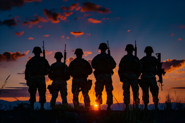 solemn silhouette of soldiers standing in unity against the backdrop of a serene sunset, conveying reverence and honor for a greeting card dedicated to Veterans Day, Memorial Day, - obrazy, fototapety, plakaty