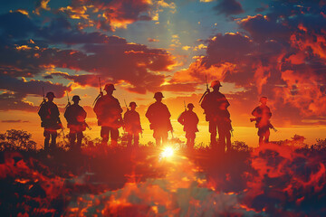 Fototapeta premium moving image showcasing the silhouettes of soldiers against the backdrop of a majestic sunset, symbolizing the courage and sacrifice of veterans for a greeting card dedicated to Ve